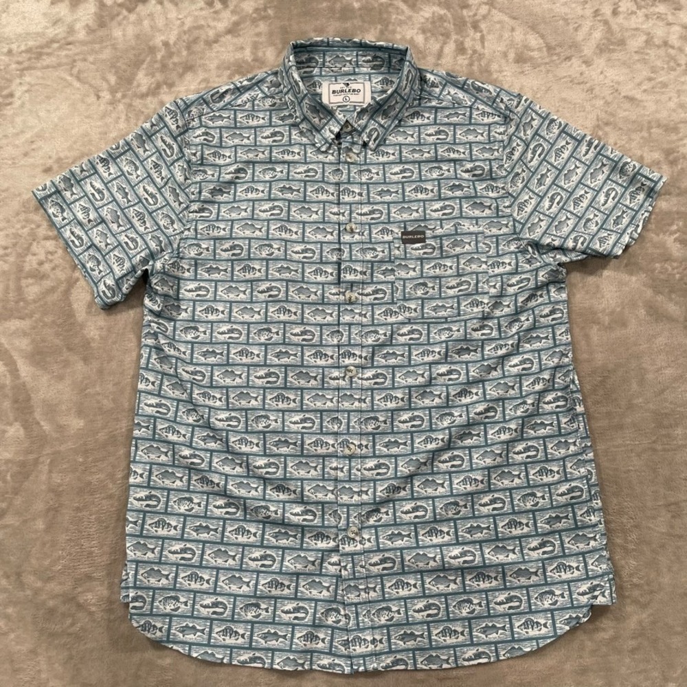 Burlebo Shirt Mens Large Blue Performance Fish AOP Short Sleeve Golf Stretch